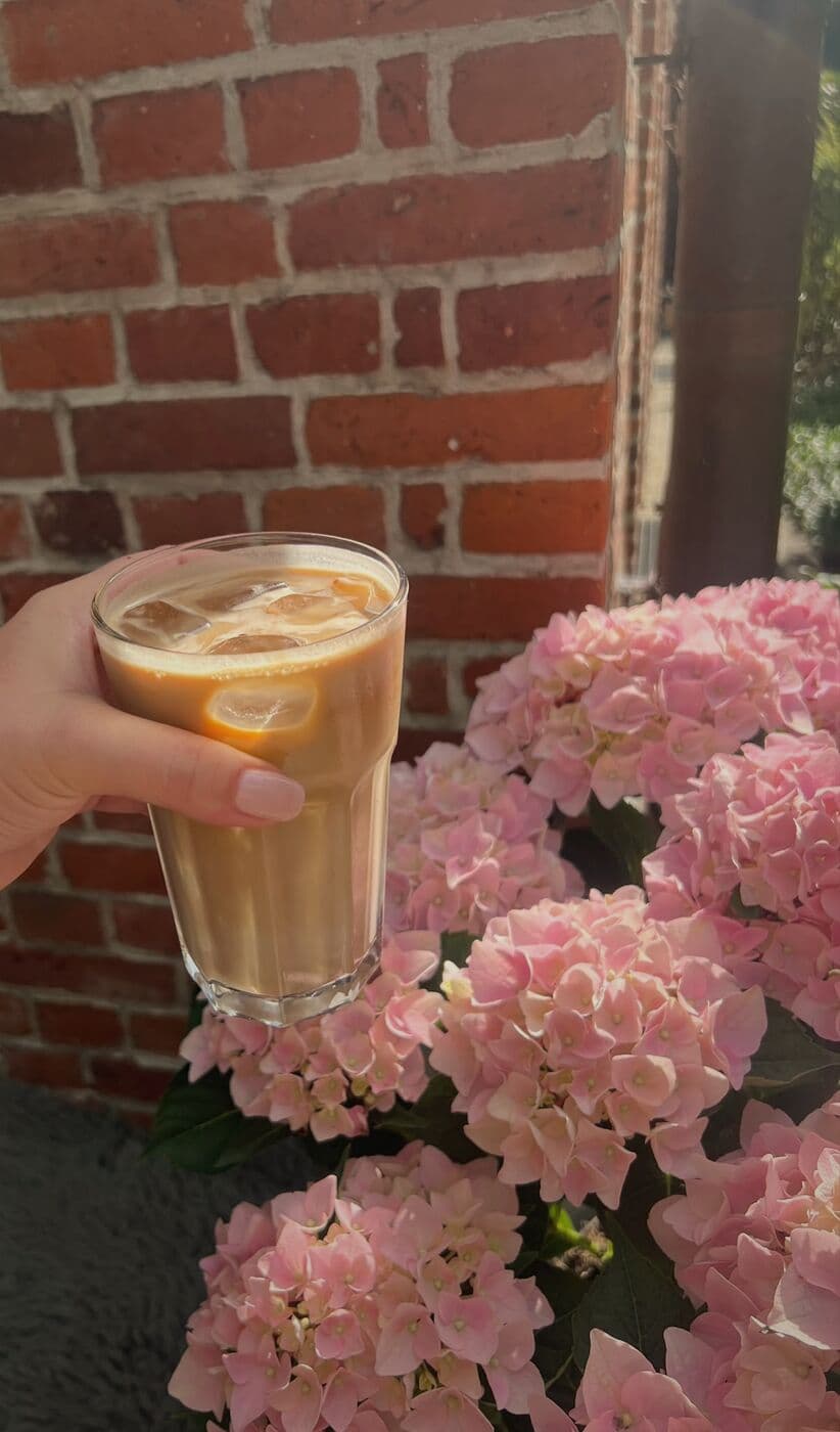 Eiskaffee im Glas vor rosa Hortensien und Backstein